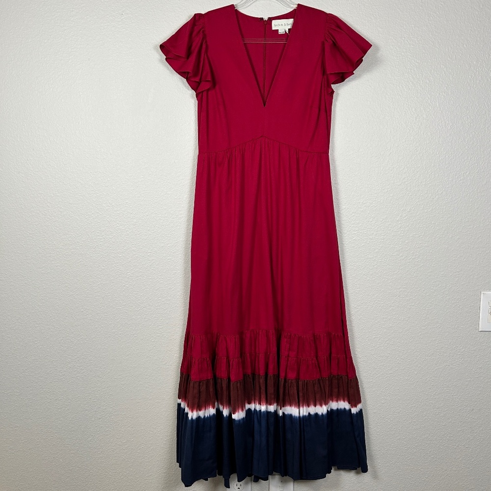 Sachin & Babi size 8 Paloma midi dress red dip dye v-neck ruffle sleeve cotton